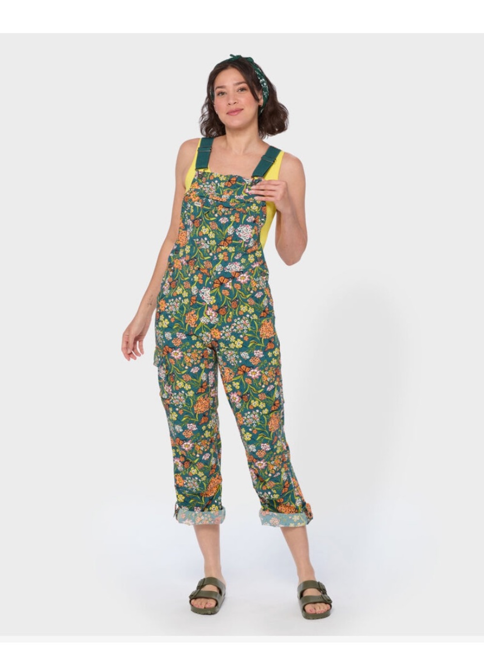 Duluth Trading Co Green Floral Overalls with Yellow Tank Soze 3X Print is diff!